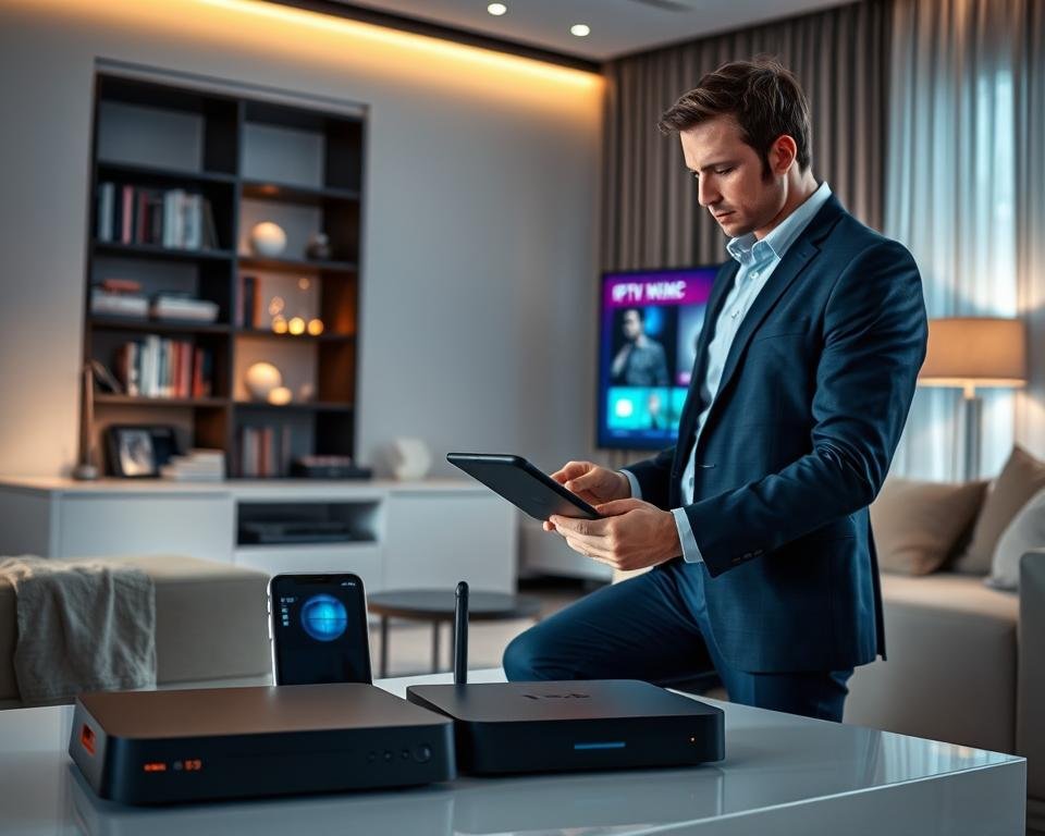 A sleek, modern living room setting, showcasing a high-end IPTV device connected to a large smart TV displaying a vibrant interface of an IPTV Smarters Player. In the foreground, an attentive individual in professional attire interacts with a tablet, analyzing device compatibility features. The middle ground features various devices like a smartphone, laptop, and a streaming box, highlighting their interconnectivity. The background shows subtle hints of tech-related decor, such as a bookshelf with digital media and elegant lighting casting a warm glow over the scene. The atmosphere is inviting and tech-savvy, with a focus on user experience and modern design elements. Capture the scene with soft diffused lighting, a slight angle that emphasizes the device and user interaction, creating a polished and informative representation of IPTV device compatibility.