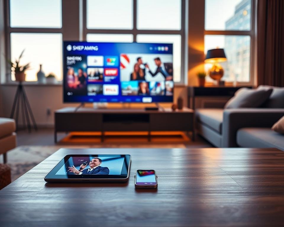 A sleek, modern living room setting showcasing various devices compatible with IPTV services. In the foreground, a smart TV displays a vivid streaming interface, while a tablet and smartphone rest on a stylish coffee table, all glowing softly in warm light. The middle layer includes a comfortable sofa adorned with plush cushions, and a soundbar integrated beneath the TV to convey an immersive viewing experience. In the background, large windows reveal a bright day outside, filtering natural light that enhances the coziness of the space. The atmosphere is inviting and tech-savvy, evoking a sense of enjoyment and relaxation. The composition focuses on harmony between technology and lifestyle, emphasizing compatibility and accessibility across different devices.