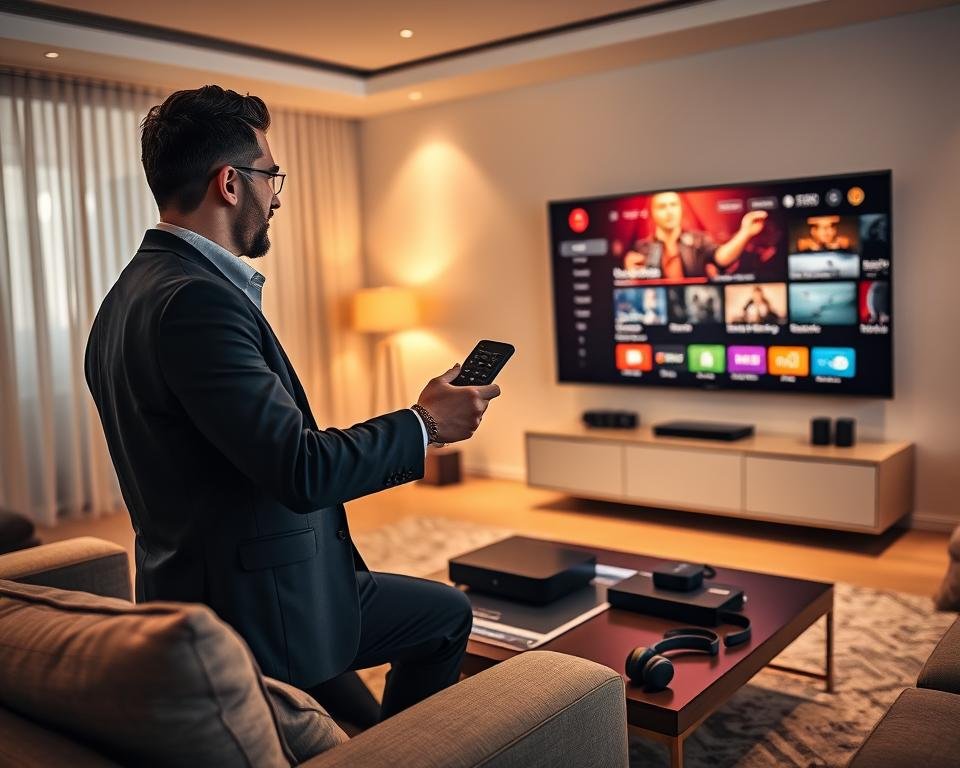 A sleek, modern living room setup focused on smart technology, showcasing an advanced IPTV interface on a large flat-screen TV. In the foreground, a professional-looking individual in smart casual clothing is confidently using a remote control with a look of concentration. The middle ground features a stylish coffee table with high-tech gadgets like a streaming device and headphones. Soft lighting fills the room, creating a cozy yet high-tech atmosphere, with warm hues highlighting the sophistication of the environment. In the background, there are abstract digital elements, symbolizing connectivity and advanced streaming features, subtly blending with the decor. The image is shot from an angle that captures both the user and the television screen, emphasizing the seamless experience of utilizing advanced streaming functionalities. A sleek, modern living room setup focused on smart technology, showcasing an advanced IPTV interface on a large flat-screen TV. In the foreground, a professional-looking individual in smart casual clothing is confidently using a remote control with a look of concentration. The middle ground features a stylish coffee table with high-tech gadgets like a streaming device and headphones. Soft lighting fills the room, creating a cozy yet high-tech atmosphere, with warm hues highlighting the sophistication of the environment. In the background, there are abstract digital elements, symbolizing connectivity and advanced streaming features, subtly blending with the decor. The image is shot from an angle that captures both the user and the television screen, emphasizing the seamless experience of utilizing advanced streaming functionalities.