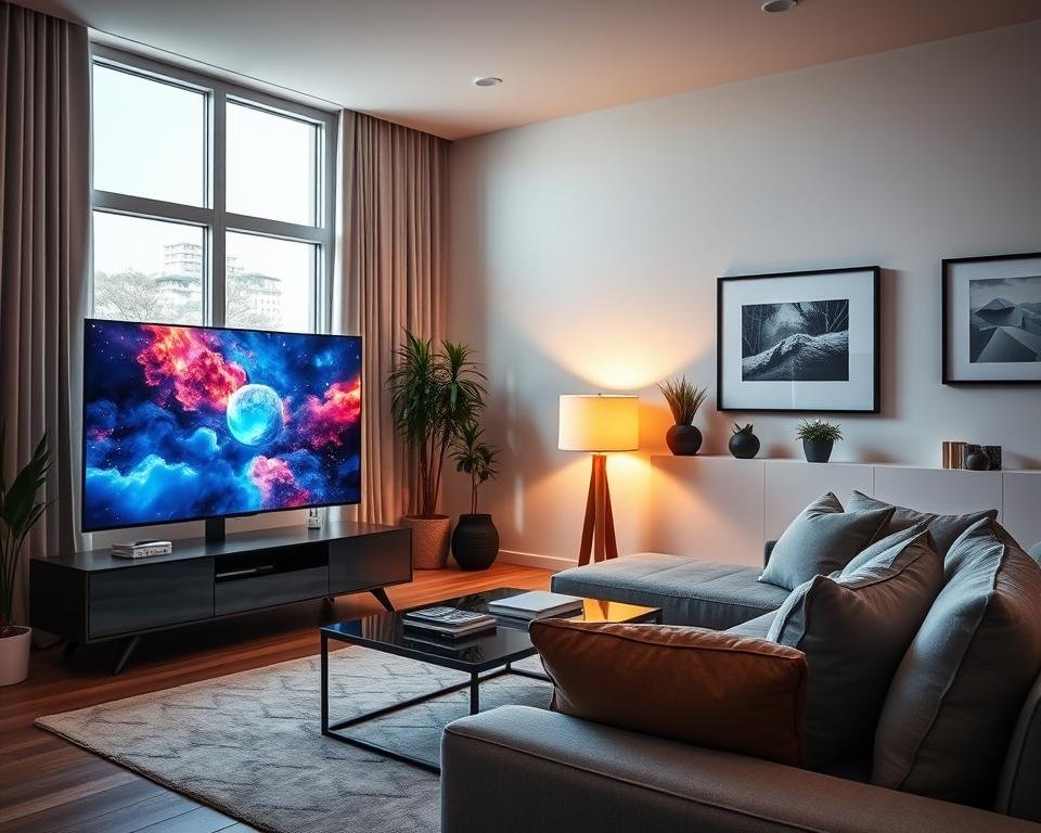 A sleek modern living room showcasing a high-definition 4K streaming experience. In the foreground, a stylish flat-screen TV displays vibrant, immersive content. A comfortable couch and elegant coffee table sit nearby, creating a warm and inviting atmosphere. The middle ground features a cozy lamp casting soft, ambient light, enhancing the relaxed feel of the space. The background is adorned with minimalistic decor, including potted plants and framed artwork, providing a contemporary vibe. The scene is well-lit with natural sunlight streaming through large windows, reflecting a sense of sophistication and quality. The overall mood is inviting and tech-savvy, appealing to viewers who appreciate cutting-edge entertainment options.