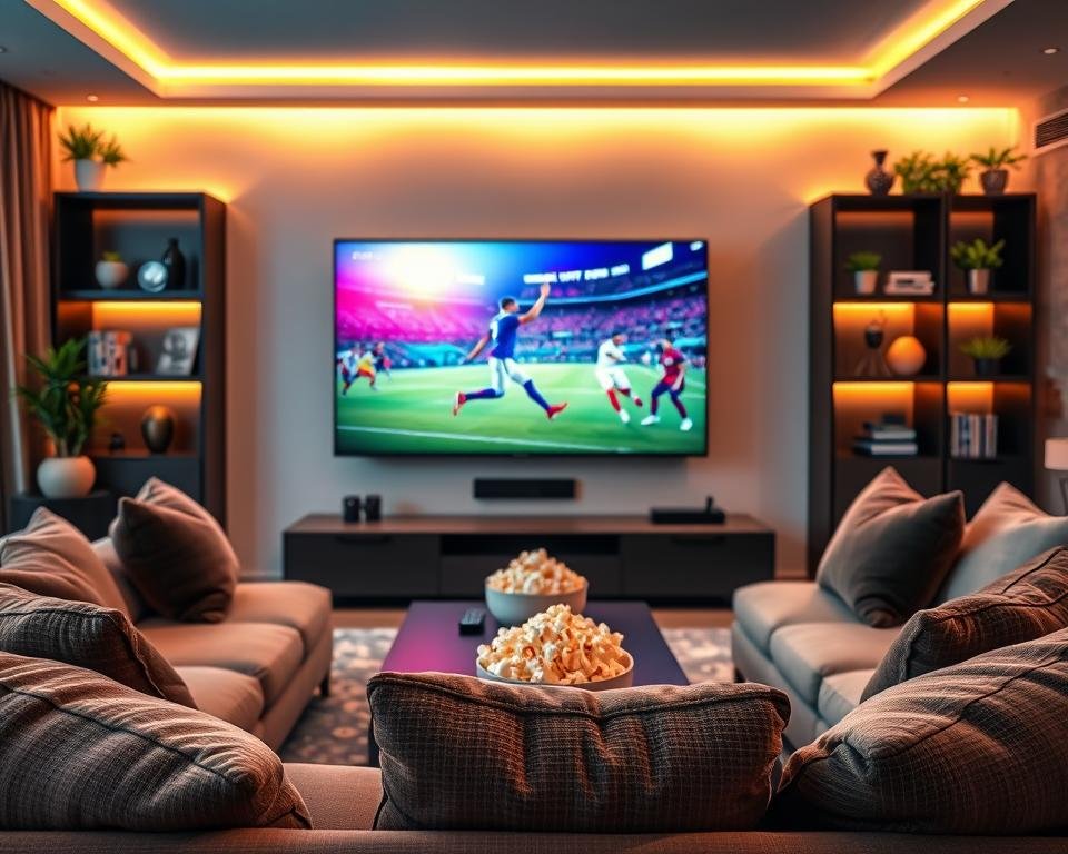 A sleek, modern living room showcasing a high-definition 4K television displaying vibrant IPTV content. In the foreground, a comfortable sofa adorned with plush cushions invites viewers in. The coffee table features a remote control and a bowl of popcorn, emphasizing a cozy, entertainment-focused atmosphere. In the middle, the TV screen showcases an exciting sports event in brilliant colors. A subtle glow of ambient lighting in warm tones creates a welcoming vibe. The background features stylish shelves with decorative plants and books, enhancing the sophisticated decor. Use soft focus for the background, highlighting the clarity of the TV display, and shoot from a slightly elevated angle to capture the inviting atmosphere of a perfect IPTV viewing experience.