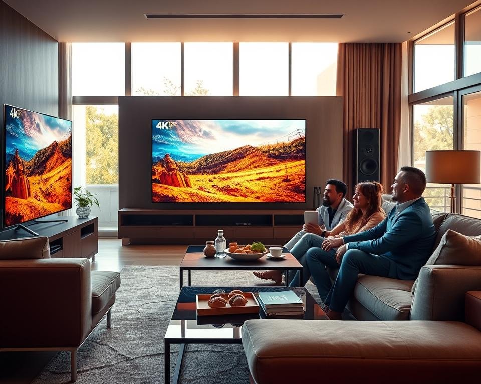 A sleek, modern living room showcasing a large flat-screen TV displaying vibrant 4K content with stunning colors and sharp details. In the foreground, a well-dressed family is comfortably seated on a stylish sofa, engaged and smiling as they enjoy their favorite TV show. The middle layer features an elegant coffee table with snacks and drinks, contributing to a cozy atmosphere. The background shows large windows with sunlight streaming in, enhancing the warm ambiance of the room. The lighting is bright yet soft, creating a welcoming feel. Capture this scene from a slightly elevated angle to reveal the full depth of the room and emphasize the stunning picture quality of the TV. Aim for a harmonious atmosphere, celebrating family time and the benefits of high-quality IPTV services.
