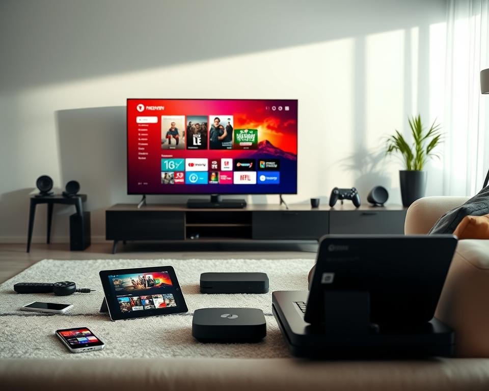 A sleek, modern living room showcasing various streaming devices compatible with IPTV services. In the foreground, an elegant smart TV displays a vibrant streaming interface. Scattered around are a tablet, smartphone, and a laptop, all streaming content seamlessly, reflecting the idea of compatibility across devices. The middle ground features a stylish entertainment console, highlighting a streaming box and gaming console, all positioned neatly. The background displays soft natural light filtering through large windows, enhancing the cozy atmosphere. The scene is shot with a wide-angle lens, emphasizing the variety of devices. The overall mood is inviting and tech-savvy, embodying convenience and modern living without any text or distractions. A sleek, modern living room showcasing various streaming devices compatible with IPTV services. In the foreground, an elegant smart TV displays a vibrant streaming interface. Scattered around are a tablet, smartphone, and a laptop, all streaming content seamlessly, reflecting the idea of compatibility across devices. The middle ground features a stylish entertainment console, highlighting a streaming box and gaming console, all positioned neatly. The background displays soft natural light filtering through large windows, enhancing the cozy atmosphere. The scene is shot with a wide-angle lens, emphasizing the variety of devices. The overall mood is inviting and tech-savvy, embodying convenience and modern living without any text or distractions.