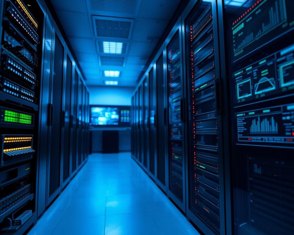 A sleek, modern server room featuring high-tech streaming servers aligned vertically along a wall. In the foreground, focus on a detailed server with glowing LED indicators and intricate wiring, showcasing its premium specifications. The middle ground reveals multiple racks of servers, each equipped with advanced cooling systems, while the background highlights a futuristic control panel with vibrant screens displaying streaming data metrics. Soft, ambient lighting casts a cool blue hue throughout the room, creating a professional and high-tech atmosphere. The angle is slightly elevated to emphasize the verticality of the server racks, capturing a sense of innovation and sophistication. The overall mood is focused and cutting-edge, ideal for a context centered around premium streaming technology.