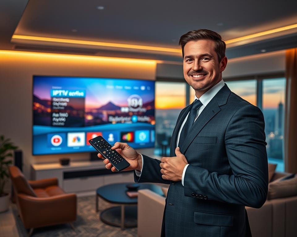 A sleek, modern television displaying a high-definition streaming interface for an IPTV service, with vibrant colors and clear visuals. In the foreground, a well-dressed professional holding a remote control, exuding confidence and satisfaction. In the middle ground, a cozy living room setup featuring a comfortable sofa and stylish décor, illuminated by warm lighting to create an inviting atmosphere. In the background, a panoramic window offering a glimpse of a city skyline during sunset, casting a golden glow that enhances the mood. The composition should evoke a sense of premium quality and cutting-edge technology, showcasing the convenience and enjoyment of IPTV.