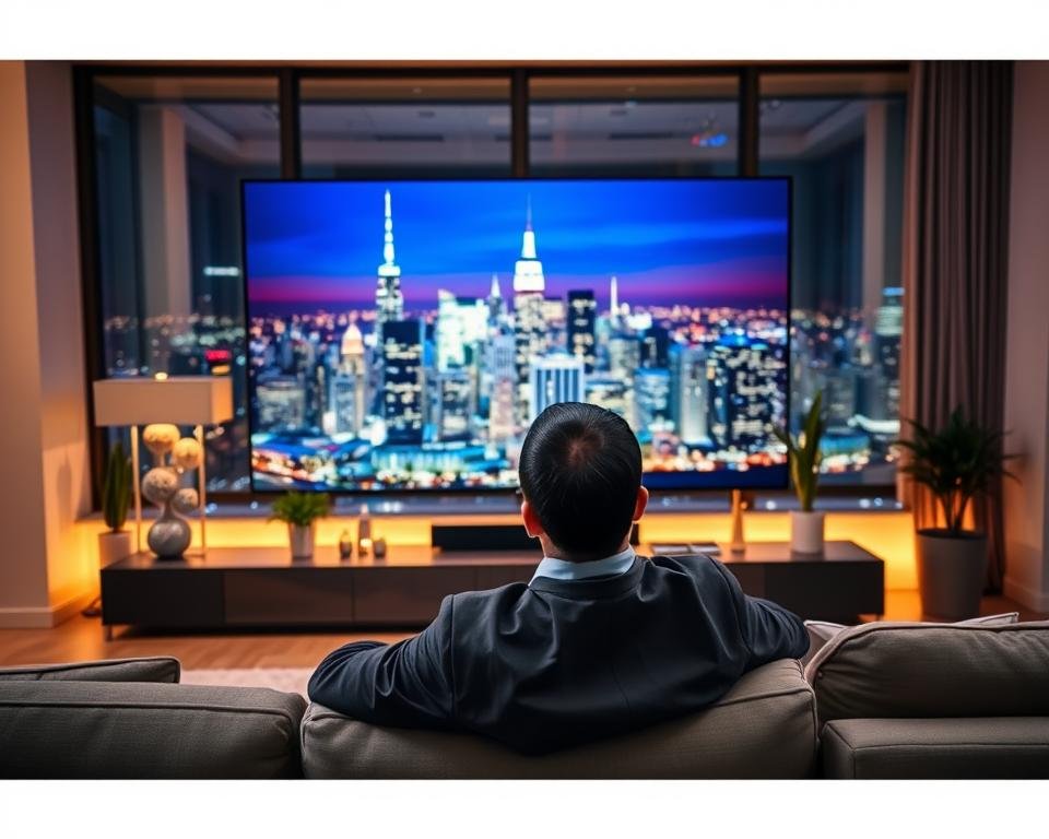 A sleek, modern television showcasing a vibrant image of a cityscape at night, emanating exceptional picture quality. In the foreground, a professional-looking person, dressed in business attire, is seated comfortably on a stylish sofa, gazing at the screen with expressions of awe and satisfaction. The middle ground features a contemporary living room, well-lit with warm, ambient lighting that adds a cozy atmosphere. Modern decor, including minimalistic furniture and decorative plants, enhances the scene. The background reveals large windows with a view of the illuminated skyline. The overall mood is inviting and sophisticated, emphasizing the extraordinary viewing experience made possible by IPTV technology. The angle is a slightly elevated perspective, capturing both the television and the viewer's engaged reaction without any distractions.