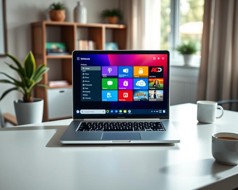 A sleek, modern user interface of IPTV Smarters Pro displayed on a Windows laptop, positioned on a clean, minimalistic desk. In the foreground, the laptop screen glows with vibrant, colorful icons representing various IPTV features, creating an inviting atmosphere. The middle layer showcases the laptop itself, with soft reflections highlighting its sleek design. The background features a softly lit room with subtle hints of technology—a potted plant, a coffee mug, and a blurred bookshelf—contributing to a professional yet cozy vibe. Natural light filters through a nearby window, casting gentle shadows, enhancing the scene's warmth and usability.