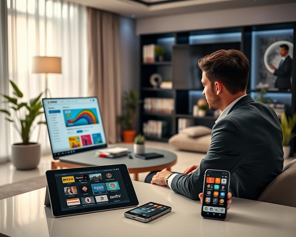 A sleek, modern workspace displaying the process of subscribing to an IPTV service. In the foreground, a professional-looking person, dressed in business attire, is seated at a desk with a laptop open, navigating an intuitive website interface. The screen shows a colorful subscription page with various IPTV plans displayed. In the middle ground, there's a small coffee table with a tablet and a smartphone, showcasing the IPTV app interface. The background features a cozy office setup with soft ambient lighting, a bookshelf filled with tech magazines, and a potted plant, creating a welcoming atmosphere. The image should reflect a sense of convenience and modernity, using soft focus to highlight the subscriber's experience.