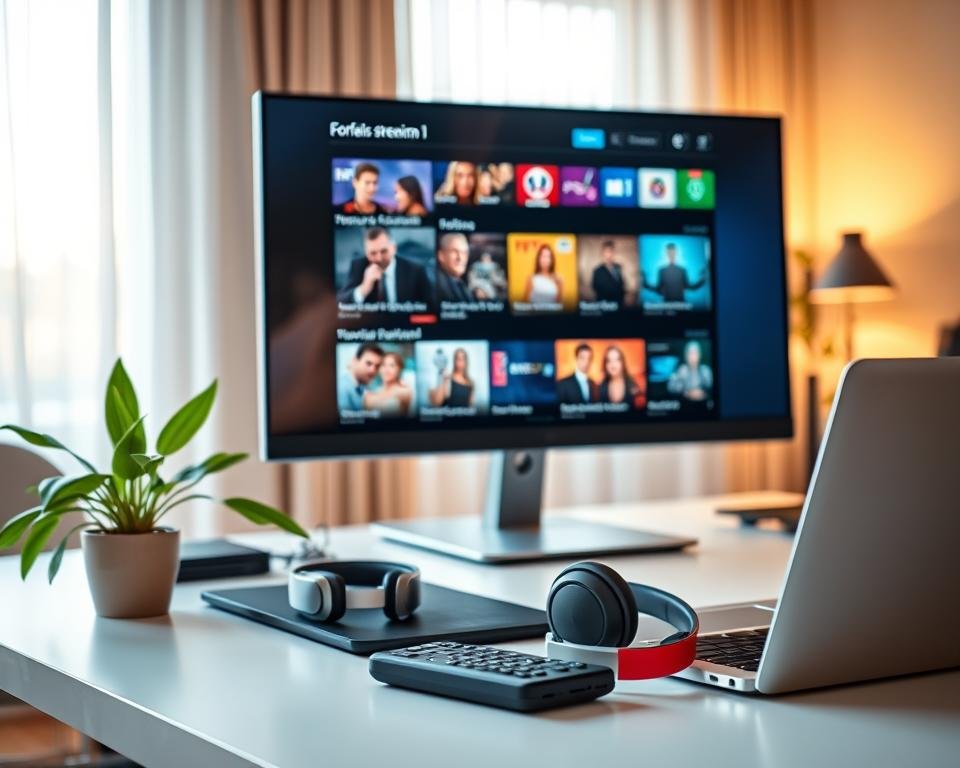 A sleek, modern workspace featuring a large desktop monitor displaying an engaging interface for "Forfaits streaming premium." The foreground includes a close-up of the monitor, showing vibrant streaming content such as movies and shows, with dynamic thumbnails and a colorful layout. In the middle ground, a neatly organized desk with a stylish laptop, headphones, and an IPTV remote control lies beside a potted plant, adding life to the scene. The background displays a softly lit home office environment with warm light filtering through sheer curtains, creating a cozy atmosphere. The overall mood is inviting and professional, highlighting the convenience and premium quality of IPTV services, ideal for tech-savvy users. Bright, even lighting enhances the clarity of the image, while a slight depth of field keeps the focus on the monitor and desk items.