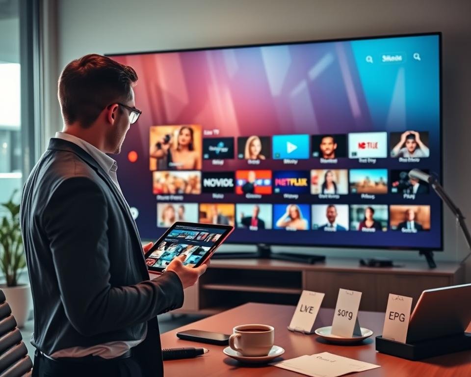 A sleek modern workspace featuring a large high-definition screen displaying the interface of the IPTV Smarters application. In the foreground, a professional user in smart casual attire interacts with the app on a tablet, showcasing vibrant content options like live TV, movies, and series. The middle ground includes elements such as a stylish desk with tech gadgets, a cup of coffee, and notes indicating user-friendly features like channel sorting and EPG (Electronic Program Guide). The background is bright and airy, with natural light streaming through a large window, creating an inviting atmosphere. Use soft, warm lighting to enhance the focus on the screen’s vibrant colors and interface design, emphasizing the innovation and ease of use of IPTV Smarters, captured from a slight angle for a dynamic perspective.