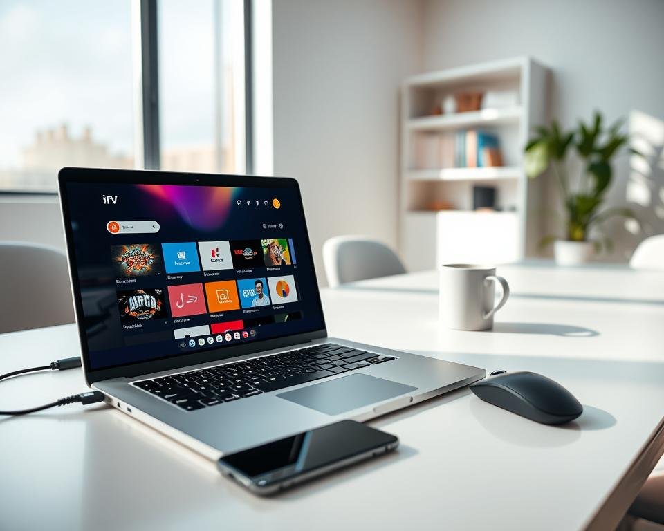 A sleek, modern workspace featuring a stylish laptop displaying the IPTV Smarters Pro application interface on its screen. The foreground includes a close-up of the laptop with vivid colors and detailed icons from the app. In the middle ground, there are essential accessories like a smartphone, a wireless mouse, and a coffee cup, enhancing the tech-savvy atmosphere. The background shows a bright and minimalistic office setting, with soft natural light streaming in through a window, casting gentle shadows. The scene conveys a feeling of productivity and innovation, perfect for users eager to download and explore IPTV Smarters Pro on Windows. The overall composition is clean and professional, emphasizing the theme of technology and efficiency without any text or markings.