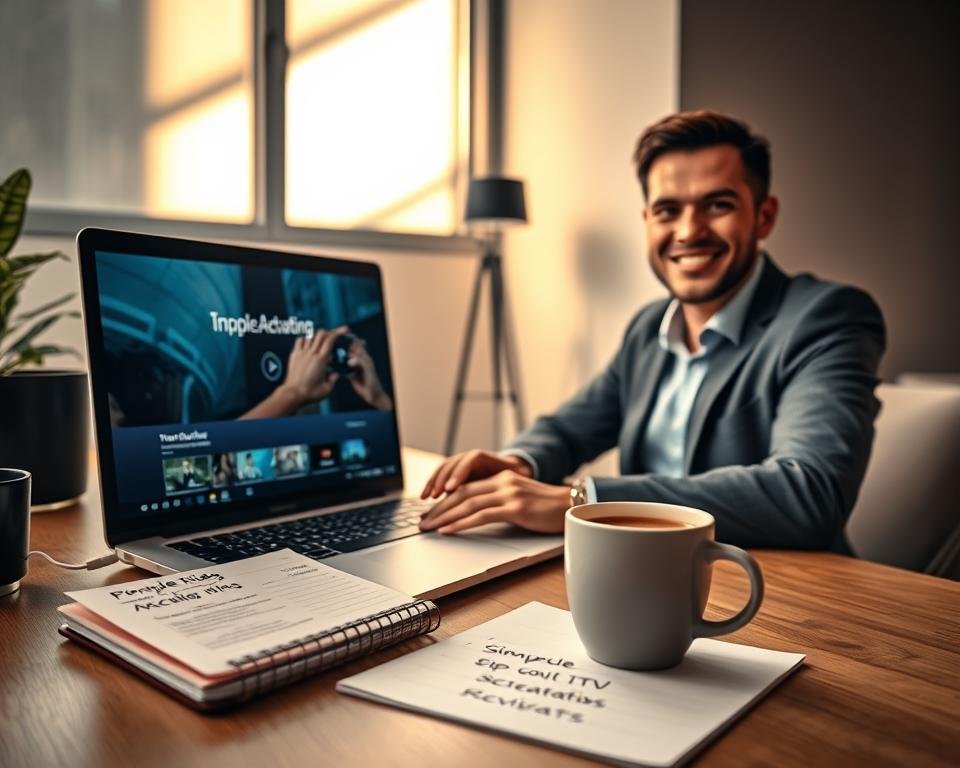 A sleek, modern workspace with a laptop displaying a video streaming interface, representing the process of simple and rapid activation. In the foreground, a confident professional in business attire is interacting with the laptop, showcasing a friendly and focused demeanor. The middle ground features a notepad filled with neatly organized notes about IPTV services, alongside a steaming cup of coffee, symbolizing productivity. In the background, a soft-focus wall with a minimalist design complements the workspace, illuminated by warm, natural light from a nearby window, casting gentle shadows that create an inviting atmosphere. The overall mood should be one of efficiency and straightforwardness, embodying a seamless activation experience in a professional setting. A sleek, modern workspace with a laptop displaying a video streaming interface, representing the process of simple and rapid activation. In the foreground, a confident professional in business attire is interacting with the laptop, showcasing a friendly and focused demeanor. The middle ground features a notepad filled with neatly organized notes about IPTV services, alongside a steaming cup of coffee, symbolizing productivity. In the background, a soft-focus wall with a minimalist design complements the workspace, illuminated by warm, natural light from a nearby window, casting gentle shadows that create an inviting atmosphere. The overall mood should be one of efficiency and straightforwardness, embodying a seamless activation experience in a professional setting.