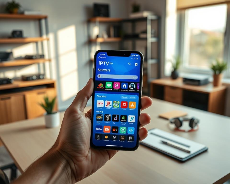 A sleek smartphone displaying the IPTV Smarters Pro application interface on a vibrant screen, set against a modern workspace. In the foreground, the device is held in a person's hand, showcasing a user-friendly layout with colorful icons and streaming options. The middle layer features a stylish desk with minimalistic design elements like a potted plant, headphones, and a notepad, creating an inviting atmosphere. In the background, soft-focus shelves with various tech gadgets contribute to a contemporary setting. Natural light filters in from a window, casting gentle shadows and enhancing the professional yet relaxed mood. The overall image conveys a sense of ease in downloading and using the IPTV app on Android devices, aimed at enhancing user experience.