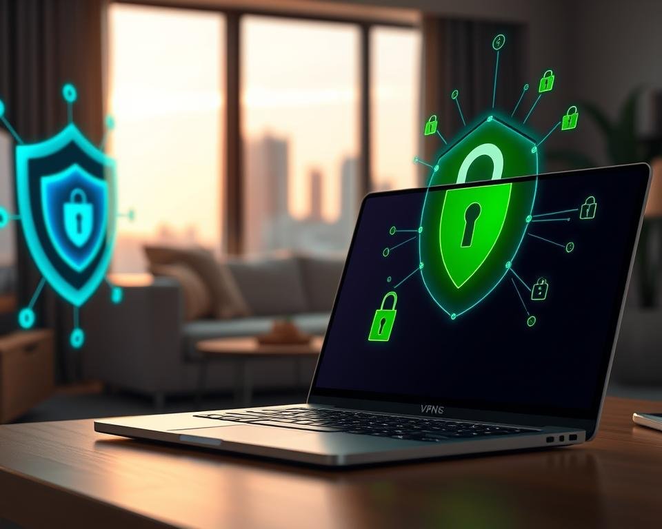 A sophisticated illustration representing VPN security for streaming services. In the foreground, a sleek laptop displaying a secure connection interface, with green locks symbolizing encryption. To the left, an abstract digital shield represents cybersecurity, surrounded by interconnected data streams in vibrant blue and green hues. In the middle, a modern home environment with a comfortable couch and soft lighting creates a relaxed atmosphere, conveying the concept of home streaming. In the background, a subtle city skyline is visible through a large window, hinting at the wider online world, blurred to emphasize focus on the foreground. The mood should be secure and inviting, suggesting peace of mind while using streaming services safely. Soft, warm lighting enhances the friendly yet professional atmosphere.