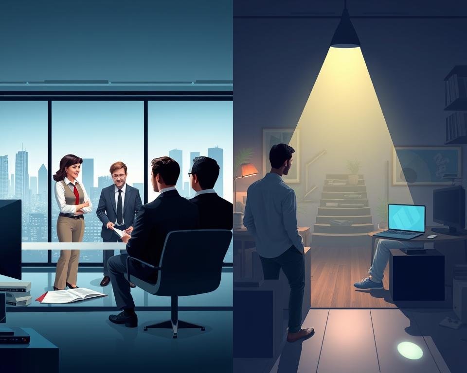 A split-scene illustration contrasting legal and illegal IPTV services. On the left, a bright and organized office setting showcasing a diverse group of three professionals in smart business attire discussing IPTV contracts, with legal documents and branded logos visible around them. On the right, a dimly lit, cluttered room with one individual in casual clothing, absently viewing unlicensed streaming content on a laptop, surrounded by unmarked devices and a chaotic environment. The background features a city skyline indicating modern technology, while the lighting clearly distinguishes the professionalism on the left from the shadowy atmosphere on the right. The overall mood is informative and engaging, emphasizing the stark differences between the two IPTV services.