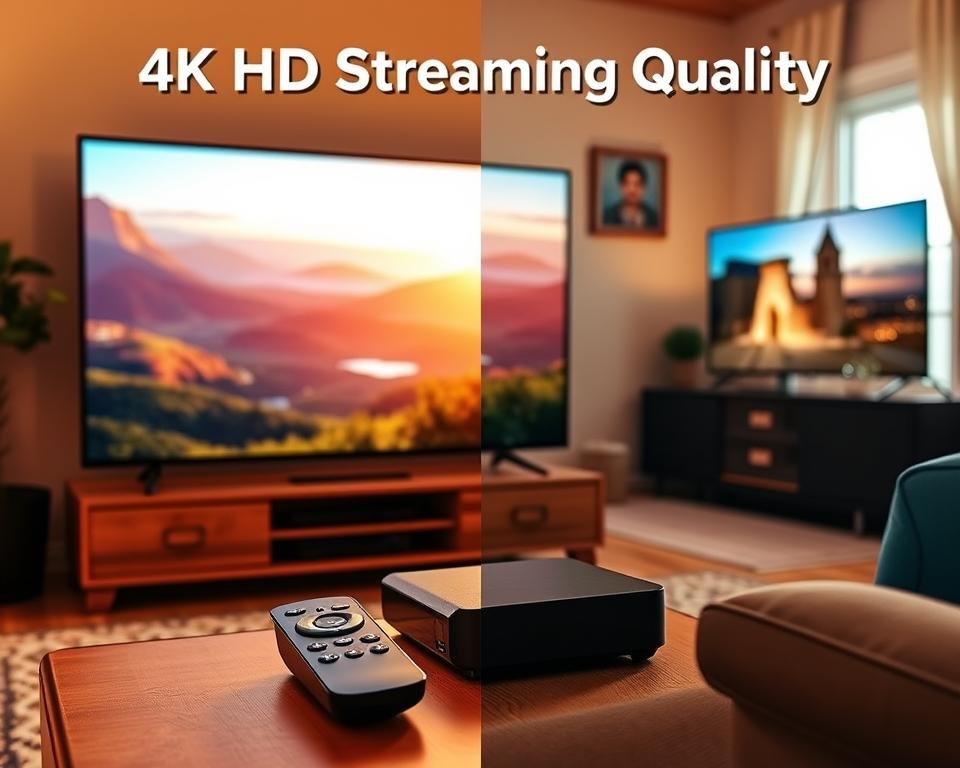 A split-screen comparison image depicting "4K HD Streaming Quality." On the left side, showcase a vibrant living room setup with a large flat-screen TV displaying a stunning, sharp 4K image of a scenic landscape. Use warm, natural lighting to highlight the rich colors and details. In the foreground, include a sleek remote control and modern streaming device, emphasizing advanced technology. On the right side, display a slightly blurred image of a traditional TV with a lower resolution picture, illustrating the contrast. The background should show a cozy home environment, enhancing the inviting atmosphere. Ensure the overall mood reflects the excitement and clarity of high-definition streaming, appealing to tech-savvy viewers considering IPTV options.