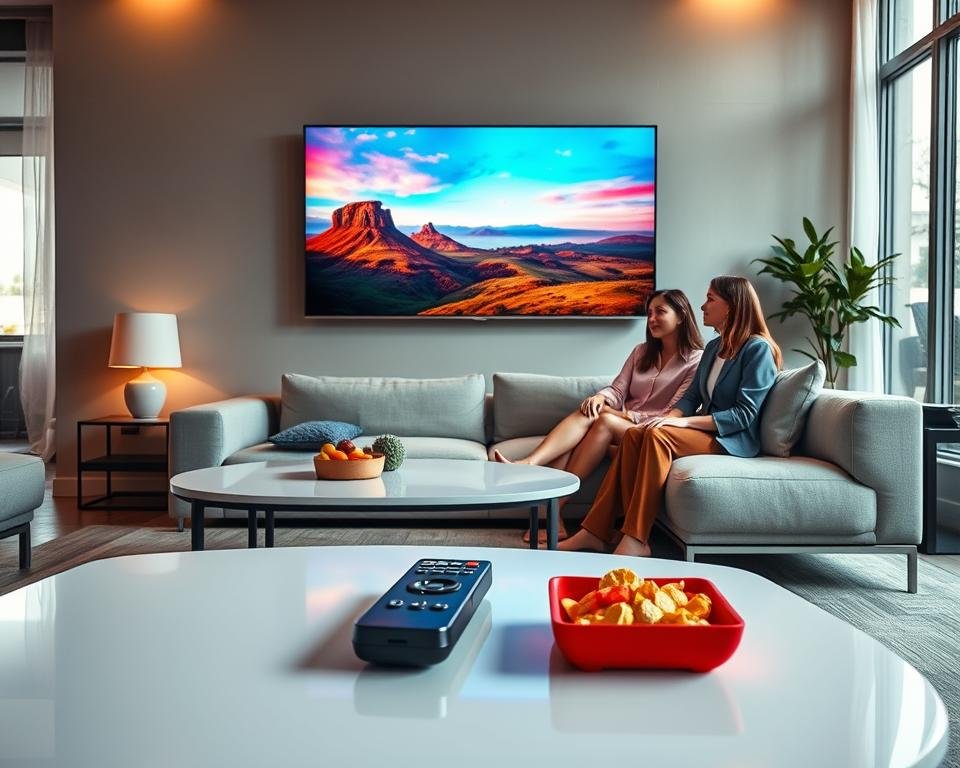 A stunning 4K ultra HD living room scene showcasing a modern smart TV displaying vibrant streaming content. In the foreground, a sleek, minimalist coffee table with a remote control and snacks. The middle layer features a stylish couch with two people, a man in professional business attire and a woman in smart casual clothing, engaged in watching the television, their faces reflecting excitement. The background displays a wall-mounted TV with vivid colors and crisp details, showcasing a luxurious landscape or a dynamic sports scene. Soft ambient lighting enhances the inviting atmosphere, while large windows let in warm natural light, creating a cozy yet modern feel. The overall mood is of enjoyment and high-quality entertainment in a premium living space.