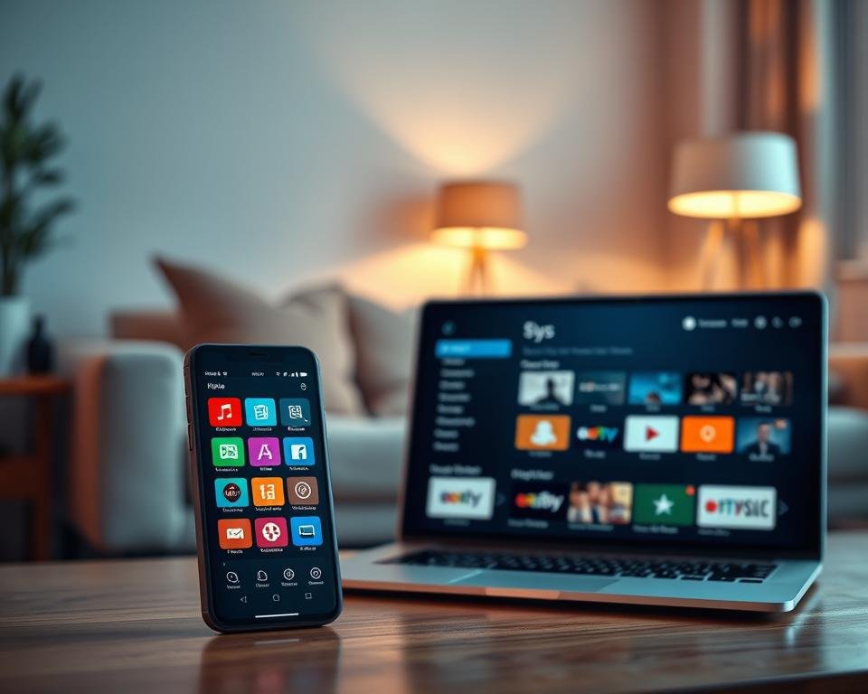 A stylish and modern digital interface showcasing the "Favorites Management and Customization" features of an IPTV application. In the foreground, a sleek smartphone displaying a colorful and user-friendly app interface with icons representing favorite channels. The middle ground features a laptop with a larger version of the same app, highlighting various customization options like color themes and layout designs. The background includes a soft-focus living room with a cozy atmosphere, warm lighting coming from a nearby lamp, and a comfortable couch. The scene conveys a sense of ease and personalization, inviting users to explore and optimize their viewing experience with advanced technology. The lens should capture a slight overhead angle to emphasize both devices.