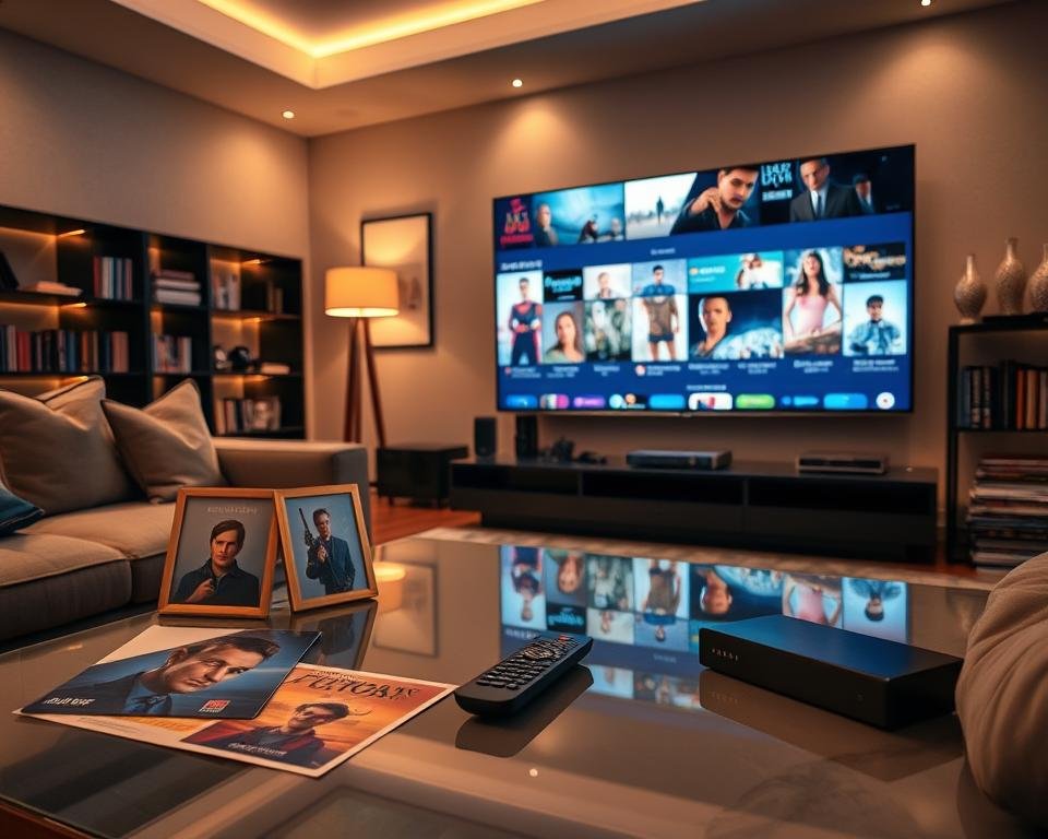 A stylish, modern living room setting designed for entertainment, focusing on a sleek, large flat-screen television displaying vibrant visuals of various TV shows and movies. In the foreground, a stylish coffee table with a glossy finish holds promotional materials featuring iconic TV show imagery, framed artwork, and a remote control. The middle section reveals an inviting sofa adorned with plush cushions, while a nearby bookshelf displays a curated selection of DVDs and streaming device gadgets. In the background, soft ambient lighting creates a cozy atmosphere, with warm tones illuminating the room and enhancing the inviting feel. The camera angle is slightly above eye level, capturing the essence of contemporary home entertainment while evoking a sense of excitement about exclusive content.