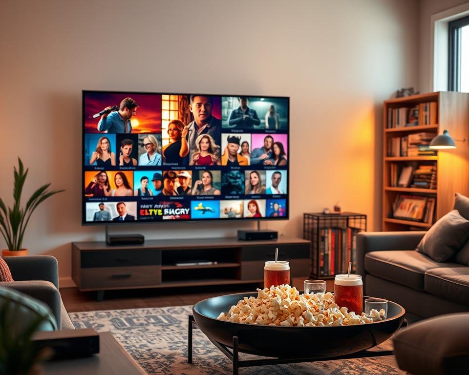 A vibrant and dynamic scene depicting a variety of television content. In the foreground, a modern living room with a sleek flat-screen TV displaying a colorful montage of different genres: thrilling action scenes, emotionally engaging dramas, and humorous comedies. Several entertainment devices like a streaming box and a gaming console are subtly visible. In the middle ground, a stylish coffee table with popcorn and drinks creates a cozy atmosphere. In the background, a soft-focus bookshelf brimming with DVDs and magazines reflects diverse interests. The lighting is warm and inviting, casting a gentle glow across the room, while a large window allows for natural light to brighten the space. The overall mood is lively and inviting, celebrating the excitement of exclusive and varied television content.