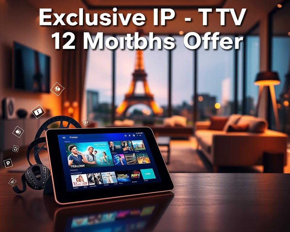 A vibrant and engaging image showcasing an "Exclusive IPTV 12 Months Offer" in France. In the foreground, a sleek digital tablet displays a vivid streaming interface, with various channels visible. Surrounding the tablet are symbolic representations of TV shows and movies, such as film reels and play icons. In the middle, a modern living room setting features a stylish sofa and a flat-screen TV mounted on the wall, subtly illuminated by warm ambient lighting, creating an inviting atmosphere. The background shows a glimpse of the Eiffel Tower through a large window, emphasizing the French location. The overall mood is upbeat and professional, with a focus on high-tech connectivity and entertainment. Use a slight depth of field to add dimension, capturing the essence of modern digital entertainment. A vibrant and engaging image showcasing an "Exclusive IPTV 12 Months Offer" in France. In the foreground, a sleek digital tablet displays a vivid streaming interface, with various channels visible. Surrounding the tablet are symbolic representations of TV shows and movies, such as film reels and play icons. In the middle, a modern living room setting features a stylish sofa and a flat-screen TV mounted on the wall, subtly illuminated by warm ambient lighting, creating an inviting atmosphere. The background shows a glimpse of the Eiffel Tower through a large window, emphasizing the French location. The overall mood is upbeat and professional, with a focus on high-tech connectivity and entertainment. Use a slight depth of field to add dimension, capturing the essence of modern digital entertainment.