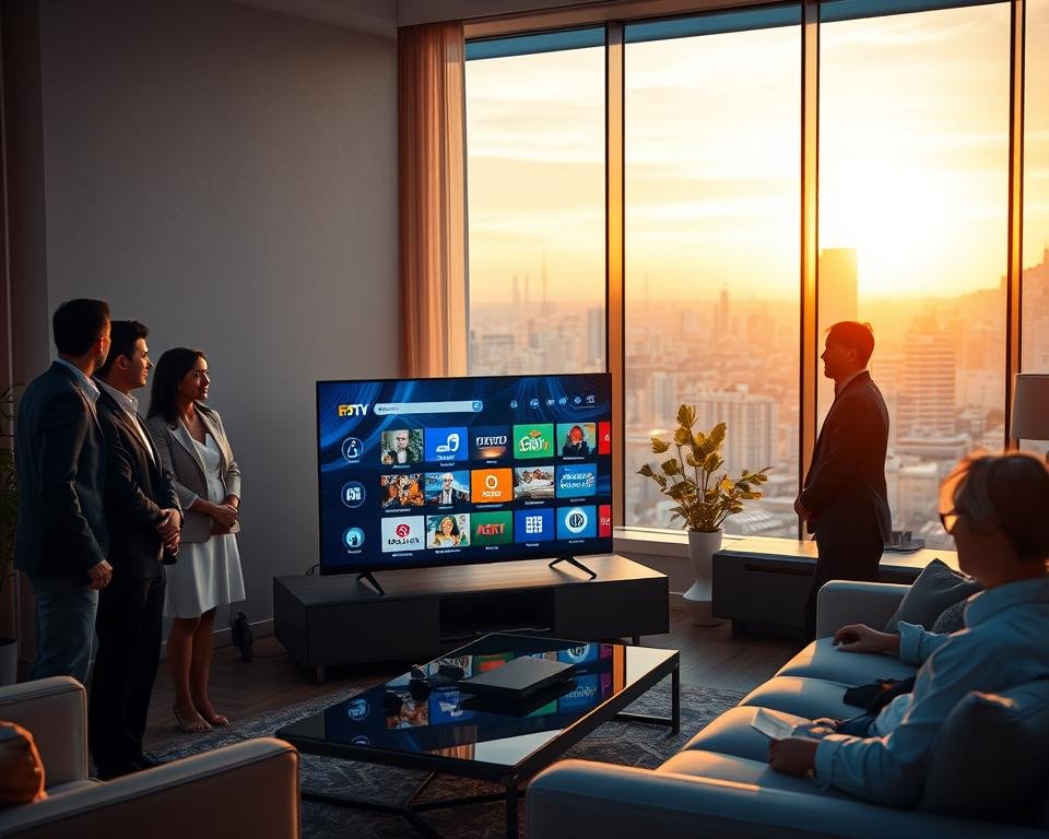 A vibrant and engaging scene depicting the concept of "unbeatable value for money" in the context of IPTV services. In the foreground, a diverse group of professionals, dressed in smart business attire, are gathered around a sleek, modern television displaying a colorful IPTV interface, showcasing various channels and options. In the middle ground, a cozy living room setting features stylish furniture and warm ambient lighting, emphasizing comfort and satisfaction. The background shows a large window with a cityscape view, bathed in the golden light of sunset, symbolizing opportunity and connection. The overall atmosphere is one of excitement and value, highlighting the benefits of affordable premium IPTV subscriptions. Use a soft focus with a warm color palette to create an inviting and trustworthy ambiance.