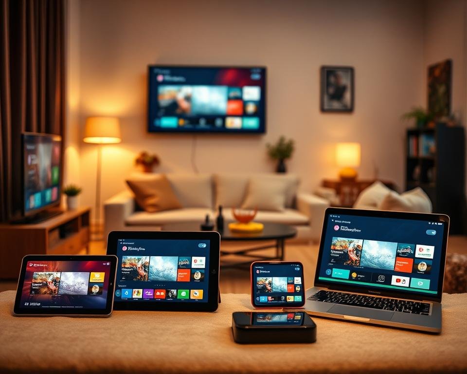 A vibrant and engaging scene showcasing the complete compatibility of IPTV devices. In the foreground, various electronic devices such as a smart TV, tablet, smartphone, and laptop are prominently displayed, each connected to a seamless streaming service. The devices feature crisp screens showing dynamic IPTV interfaces with vibrant colors. In the middle ground, a stylish living room setting exudes comfort, with modern furniture and ambient lighting enhancing the inviting atmosphere. The background incorporates soft-focus elements like decorative plants and technology accessories, creating a contemporary feel. Warm, diffused lighting evokes a cozy mood, ideal for enjoying entertainment at home. The angle is slightly elevated, providing a comprehensive view of the devices in use, illustrating their versatility and ease of integration.