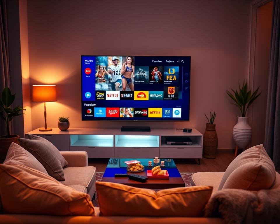 A vibrant and modern home entertainment setup showcasing a sleek smart TV displaying a variety of streaming services in a cozy, stylish living room. In the foreground, a comfortable sofa adorned with plush cushions invites relaxation, while a coffee table holds snacks and a remote control. In the middle, a subtle, glowing light emanates from the TV, highlighting icons for premium content. The background features minimalistic decor, with warm, ambient lighting and a few decorative plants creating a welcoming atmosphere. A sense of excitement and anticipation fills the scene, emphasizing the convenience and luxury of premium IPTV subscriptions. The overall mood is inviting and tech-savvy, perfect for enhancing the viewer's entertainment experience.