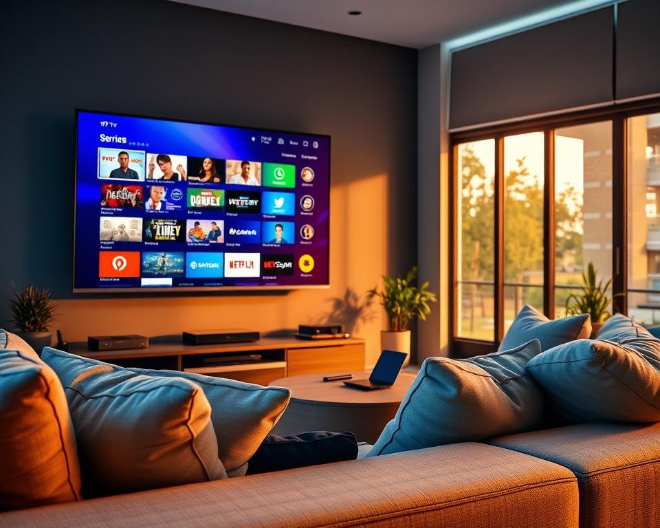 A vibrant and visually engaging scene showcasing the benefits of IPTV subscriptions. In the foreground, a sleek, modern living room with a high-definition flat-screen TV displaying a variety of colorful channels and vibrant program thumbnails. A comfortable sofa adorned with plush cushions invites viewers to relax. In the middle ground, a subtle arrangement of tech devices like a streaming box and a tablet highlights the integration of technology. In the background, large windows provide natural light, casting a warm glow across the room, creating a cozy atmosphere. The overall mood is inviting and sophisticated, reflecting the premium quality of the IPTV subscription. The lighting is soft, emphasizing the rich colors of the on-screen content without overwhelming the viewer.