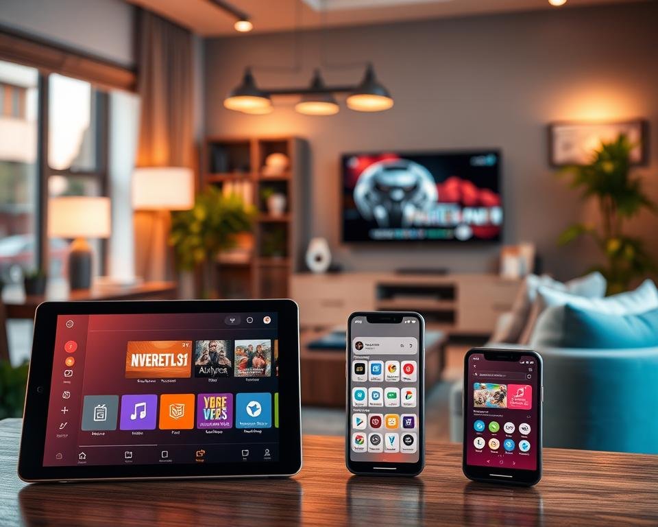 A vibrant digital illustration of various IPTV alternatives represented as sleek, modern application interfaces displayed on a tablet and smartphone. In the foreground, focus on the devices showcasing user-friendly layouts and diverse streaming options, each with unique color schemes and icons. The middle ground features a stylish workspace with a cozy ambiance, dimmable ambient lighting casting a warm glow, and a blurred computer monitor displaying advanced media streaming analytics. In the background, a modern living room is visible, decorated with contemporary furniture, soft cushions, and a large flat-screen TV tuned to an entertainment channel. The atmosphere is bustling yet professional, evoking a sense of technological innovation and user empowerment in the realm of digital television.