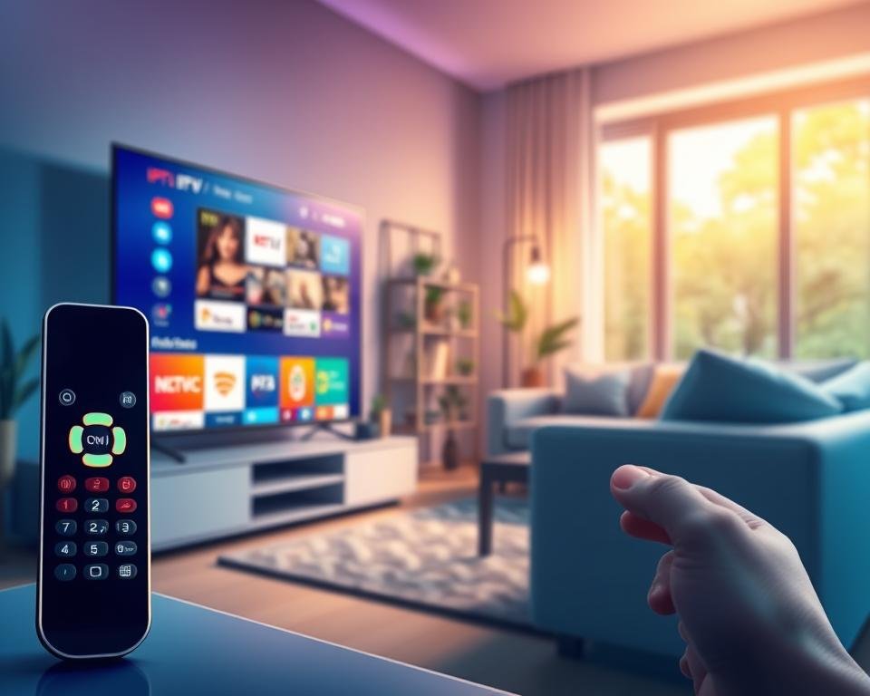 A vibrant digital illustration showcasing the exceptional advantages of IPTV Smarters Pro. In the foreground, a sleek smart TV displaying the IPTV Smarters Pro interface, with vivid channels and user-friendly navigation. To the side, a modern remote control with bright buttons that highlight features like customization and streaming access. In the middle ground, a cozy living room setting with a comfortable sofa, ambient lighting casting a warm glow, emphasizing a relaxing viewing experience. The background features a large window with daylight streaming in, giving an inviting atmosphere. The overall mood is energetic yet relaxed, conveying the excitement and convenience of IPTV Smarters Pro, with a focus on its user-centric design and innovative features.