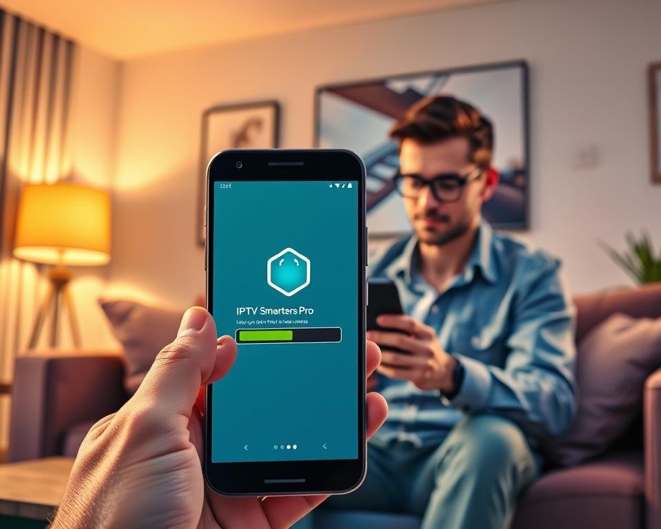 A vibrant illustration showcasing the process of downloading an Android application, specifically for IPTV Smarters Pro. In the foreground, a modern smartphone displays the app's icon on its screen, with an animated visual effect indicating the download progress. In the middle, a user with a focused expression, wearing smart casual attire, interacts with the phone, highlighting the ease of installation. The background features a cozy living room setting with soft, ambient lighting, creating a warm and inviting atmosphere. Use a shallow depth of field to keep the focus on the phone and the user, while slightly blurring the background elements. The overall mood should be informative and encouraging, emphasizing a simple guide for smartphone users.