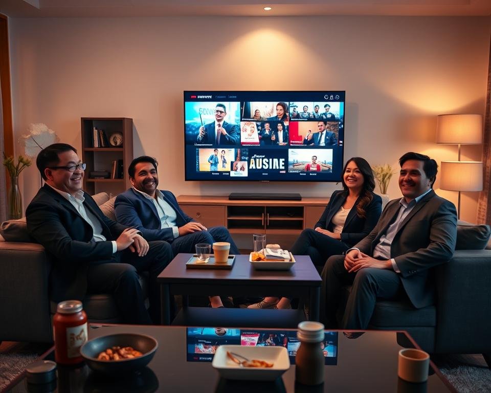 A vibrant living room scene showcasing a group of four diverse clients, two men and two women, all seated comfortably on a stylish couch, with expressions of satisfaction while watching a large flat-screen TV displaying colorful streaming content. The foreground features an elegant coffee table with snacks and drinks. The middle ground highlights the clients’ animated interactions, dressed in professional business attire, radiating happiness and engagement. In the background, soft ambient lighting creates a cozy atmosphere, with a few decorative plants and a modern bookshelf, enhancing the feeling of a welcoming home. The overall mood is positive and inviting, reflecting the joy of quality online television viewing. The angle is slightly angled from above, offering a clear view of the clients' faces and the TV screen.