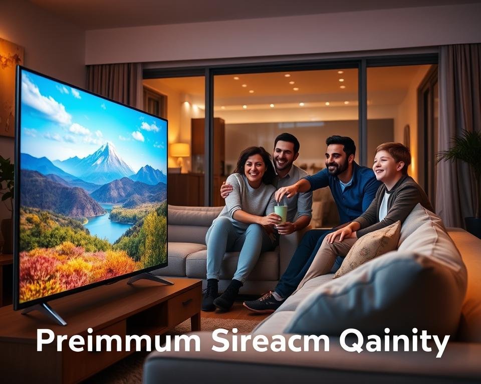 A vibrant living room scene showcasing premium streaming quality. In the foreground, a sleek, modern television displays a beautifully detailed and colorful image of a scenic landscape, emphasizing clarity and high-definition quality. A cozy sofa is positioned around the TV, adorned with plush cushions. In the middle ground, a family of four, dressed in smart casual clothing, is enjoying a movie night together, with expressions of joy and engagement. Behind them, soft ambient lighting creates a warm and inviting atmosphere, with subtle reflections in a large window showcasing a serene night sky. The overall mood is relaxed and family-oriented, capturing the essence of exceptional service at home.
