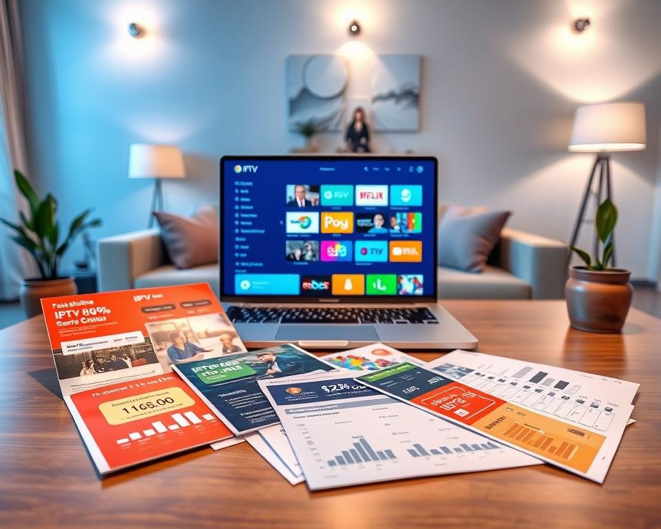 A visually appealing and modern illustration of various IPTV subscription packages laid out on a sleek, wooden table. In the foreground, several colorful brochures display different subscription offers, showing graphs and price comparisons. In the middle, a laptop screen is open, showcasing an intuitive IPTV interface with vibrant channel thumbnails. The background features a stylish living room with a soft, ambient light coming from lamp fixtures, creating a warm and inviting atmosphere. A decorative plant in a tasteful pot is placed beside the table, adding a touch of greenery. The composition is shot from a slightly elevated angle to capture all elements harmoniously. The mood is informative yet inviting, perfect for an article about IPTV subscriptions.