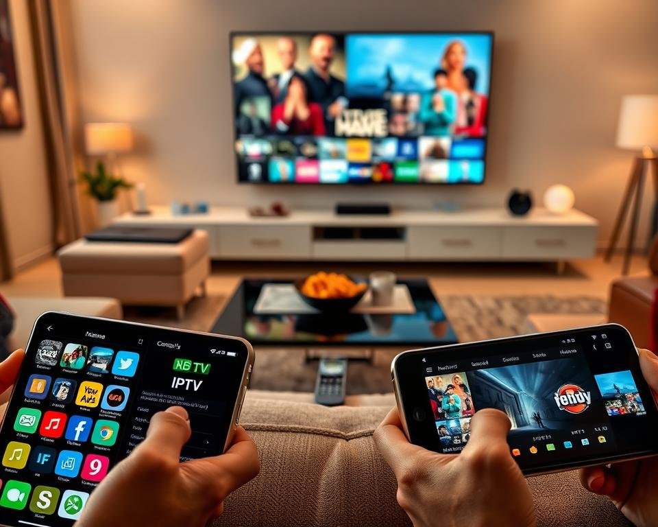 A visually appealing collage showcasing popular IPTV applications. In the foreground, display sleek smartphone screens with vibrant icons of recognized IPTV apps, positioned artistically to attract the viewer's attention. In the middle section, include an elegant coffee table with a remote control and snacks, conveying a cozy viewing experience. The background should feature a stylish living room setting with a large screen displaying dynamic images of various shows, set in soft, warm lighting to create an inviting atmosphere. The scene should evoke a sense of modern entertainment and relaxation, using natural light to enhance color saturation and depth. Overall, the composition should blend seamlessly and inspire viewers to explore the best IPTV applications for their watching pleasure.