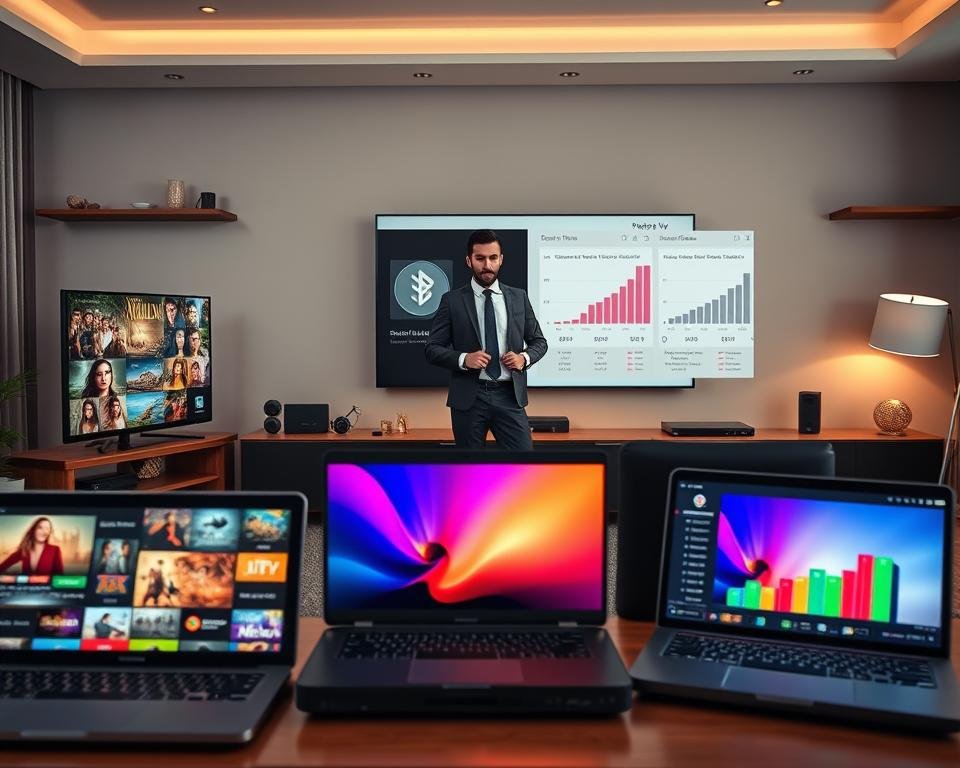 A visually appealing comparison of IPTV offers, showcasing various streaming devices like smart TVs, laptops, and tablets in the foreground. Each device displays colorful user interfaces with graphics representing popular TV shows and channels for an engaging visual effect. In the middle ground, a neat, modern workspace features a professional-looking person in smart business attire comparing these IPTV services on a large screen with graphs and charts indicating pricing and features. The background consists of a stylish home entertainment setup with subtle warm lighting to create a cozy, inviting atmosphere. The composition includes a soft depth of field effect, focusing on the devices and the person, enhancing the professional yet casual mood of IPTV research and comparison.