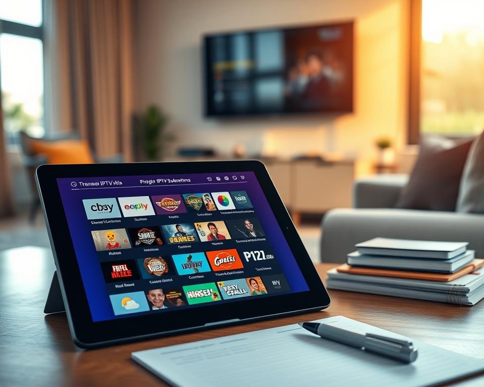 A visually appealing composition focusing on affordable IPTV subscription plans. In the foreground, showcase an elegantly designed tablet displaying a vibrant interface of various IPTV channel options, symbolizing transparency and variety. The middle ground features an organized desk with a notepad and a pen, suggesting a thoughtful decision-making process for budgeting. The background presents a cozy living room setting, with a modern TV mounted on the wall, softly illuminated by natural light coming through a window. The atmosphere is inviting and professional, evoking a sense of clarity and reliability in IPTV services. Use warm lighting to create a reassuring mood, focusing on the themes of accessibility and transparency.