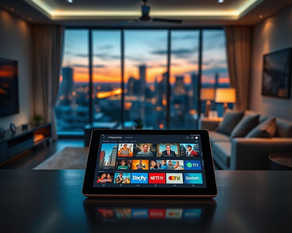 A visually appealing composition showcasing "Exclusive Offers for IPTV Subscription." In the foreground, a sleek digital tablet displaying a colorful interface of IPTV channels, with vivid images of popular shows and content. The middle ground features a stylish living room setup, complete with modern furniture, a cozy couch, and soft lighting illuminating the scene. In the background, a large window reveals a cityscape at dusk, with the warm glow of sunset blending into the evening sky, creating a welcoming atmosphere. The overall mood is inviting and innovative, emphasizing the excitement of exclusive IPTV deals. The image should be captured with a lens that offers a slight depth of field, ensuring sharp focus on the tablet while softly blurring the living room surroundings.