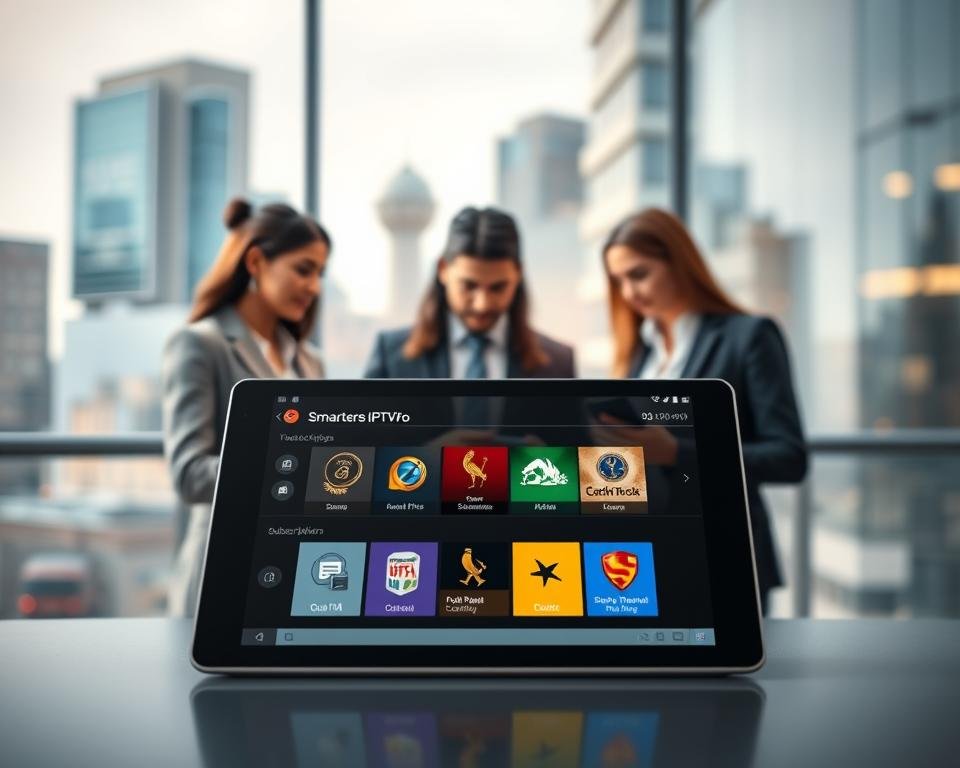 A visually appealing composition showcasing the concept of "Smarters IPTV Pro Subscription Options." In the foreground, a modern digital tablet displays the Smarters Pro interface with vibrant icons representing various subscription packages. In the middle ground, a diverse group of professional individuals, dressed in sleek business attire, collaborate over technology, emphasizing the innovative nature of IPTV services. In the background, a blurred cityscape conveys a sense of advanced technology and connectivity. Soft, ambient lighting creates a welcoming atmosphere, while a subtle focus effect highlights the tablet, drawing the viewer’s attention. This scene encapsulates the premiums of accessing Smarters IPTV Pro subscriptions in a contemporary setting.