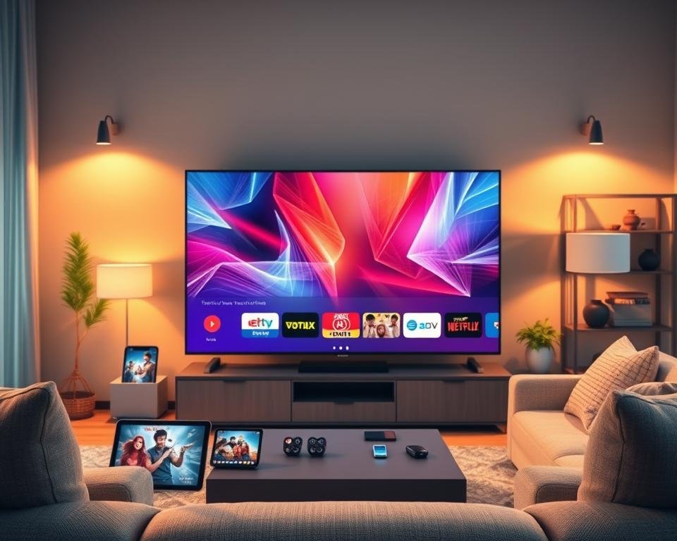 A visually appealing digital illustration featuring a modern IPTV subscription service display. In the foreground, showcase a sleek, flat-screen television displaying vibrant and dynamic streaming content. Surrounding the TV, include high-tech devices like tablets and smartphones, epitomizing the versatility of IPTV services. In the middle ground, include a modular setup with streaming apps and icons representing a variety of channels and content offerings. The background should depict a cozy living room environment, lit with warm, inviting light, highlighting a comfortable sofa and stylish decor. The overall mood should convey innovation and entertainment, creating an inviting atmosphere for viewers looking to explore IPTV subscription options. Use a wide-angle lens effect for depth.
