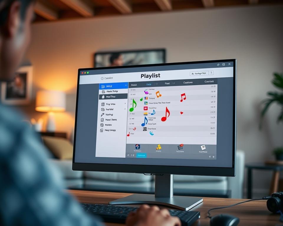 A visually appealing digital representation of a playlist configuration for M3U files, displayed prominently in the foreground on a sleek computer screen. The screen shows a user-friendly interface with vibrant icons and program settings related to IPTV. In the middle, scattered elements like music notes and colorful media streaming symbols suggest connectivity and functionality. The background features a softly blurred living room environment to set a relaxed, inviting atmosphere with warm lighting. The scene is captured with a slight tilt-angle, mimicking the perspective of someone seated at a desk, conveying a sense of engagement with technology. The overall mood is focused and tech-savvy, perfect for illustrating IPTV configuration.