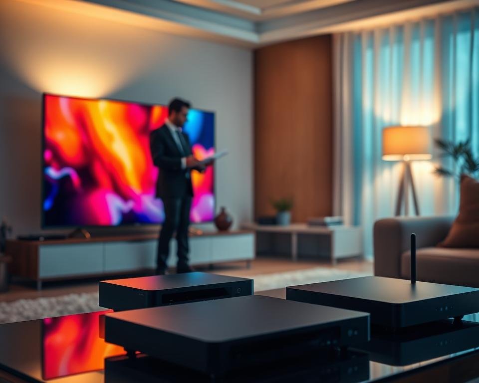 A visually appealing image capturing the essence of "Garanties service télévision premium." In the foreground, a sleek, modern television displaying vibrant colors represents high-quality viewing experiences. Beside it, a professional individual in business attire reviews documents, conveying a sense of trust and reliability. In the middle ground, luxury IPTV devices are elegantly arranged, suggesting cutting-edge technology. The background features a soft-focus living room setting with ambient lighting, incorporating warm tones to create a welcoming atmosphere. A subtle glow surrounds the TV, emphasizing premium service. The overall mood is one of confidence and assurance, accentuating the concepts of guarantees and customer satisfaction without any text or distractions.