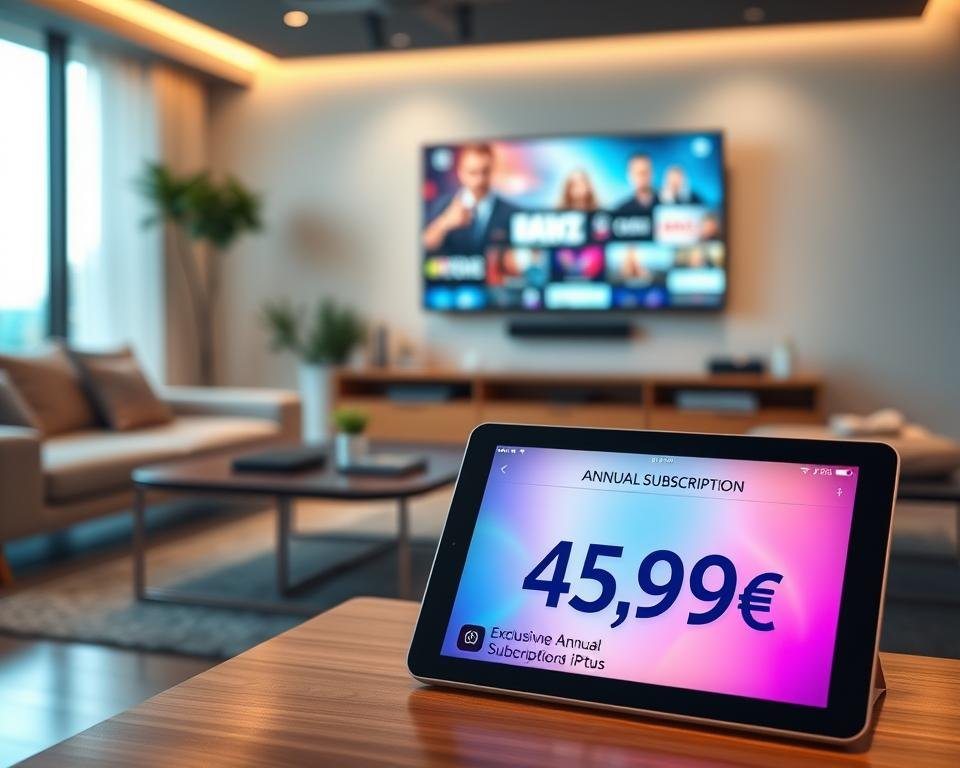 A visually appealing scene showcasing an exclusive annual subscription offer for IPTV services. In the foreground, a modern digital tablet displays vibrant graphics illustrating the subscription details, with a price tag reading "45,99€" prominently featured. The middle ground features a sleek living room setup with a stylish coffee table and a comfortable couch, suggesting a cozy viewing experience. In the background, a large flat-screen TV is mounted on a wall, displaying a captivating image related to entertainment. Soft, warm lighting creates an inviting atmosphere, and a slight bokeh effect enhances focus on the tablet. The overall mood is professional yet accessible, conveying the value of a unique IPTV service.
