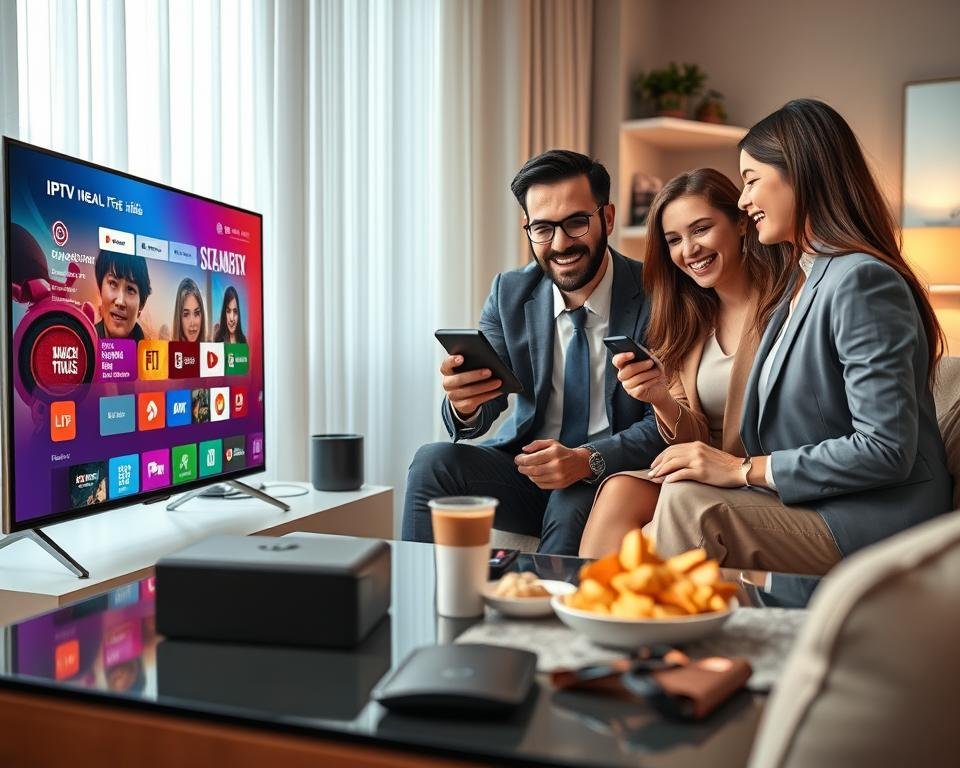 A visually engaging and informative digital illustration focused on "Free Trial IPTV Services." The foreground features a sleek modern television screen displaying a vibrant user interface of an IPTV service with dynamic icons and channels. In the middle, a diverse group of three professionals—one man and two women in business casual attire—are enthusiastically interacting with a tablet, showcasing an app that offers free trials of various IPTV subscriptions. They are gathered around a stylish coffee table filled with tech gadgets and snacks, suggesting a relaxed atmosphere. The background displays a cozy living room with soft lighting, highlighting comfortable furniture and decorative elements. The overall mood is innovative and engaging, appealing to viewers interested in exploring IPTV options. A visually engaging and informative digital illustration focused on "Free Trial IPTV Services." The foreground features a sleek modern television screen displaying a vibrant user interface of an IPTV service with dynamic icons and channels. In the middle, a diverse group of three professionals—one man and two women in business casual attire—are enthusiastically interacting with a tablet, showcasing an app that offers free trials of various IPTV subscriptions. They are gathered around a stylish coffee table filled with tech gadgets and snacks, suggesting a relaxed atmosphere. The background displays a cozy living room with soft lighting, highlighting comfortable furniture and decorative elements. The overall mood is innovative and engaging, appealing to viewers interested in exploring IPTV options.