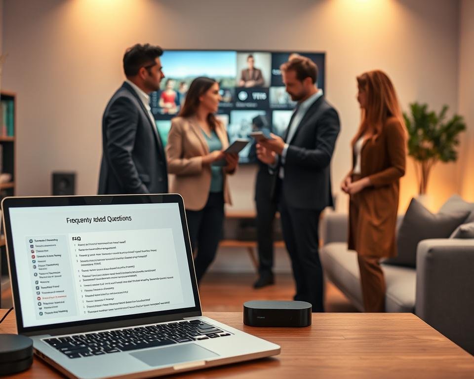 A visually engaging and informative scene representing a "Frequently Asked Questions" section for a streaming service. In the foreground, a professional-looking setup with a sleek laptop displaying a digital FAQ page, surrounded by some technical gadgets like a television and streaming device. In the middle, a diverse group of four people in business casual attire, each engaged in conversation, with a focus on one person using a tablet to illustrate a point. The background features a modern living room setup with a large screen showing streaming content, softly lit with warm ambient lighting to create a cozy atmosphere. The composition emphasizes clarity, professionalism, and an inviting environment that encourages discussion about streaming services.