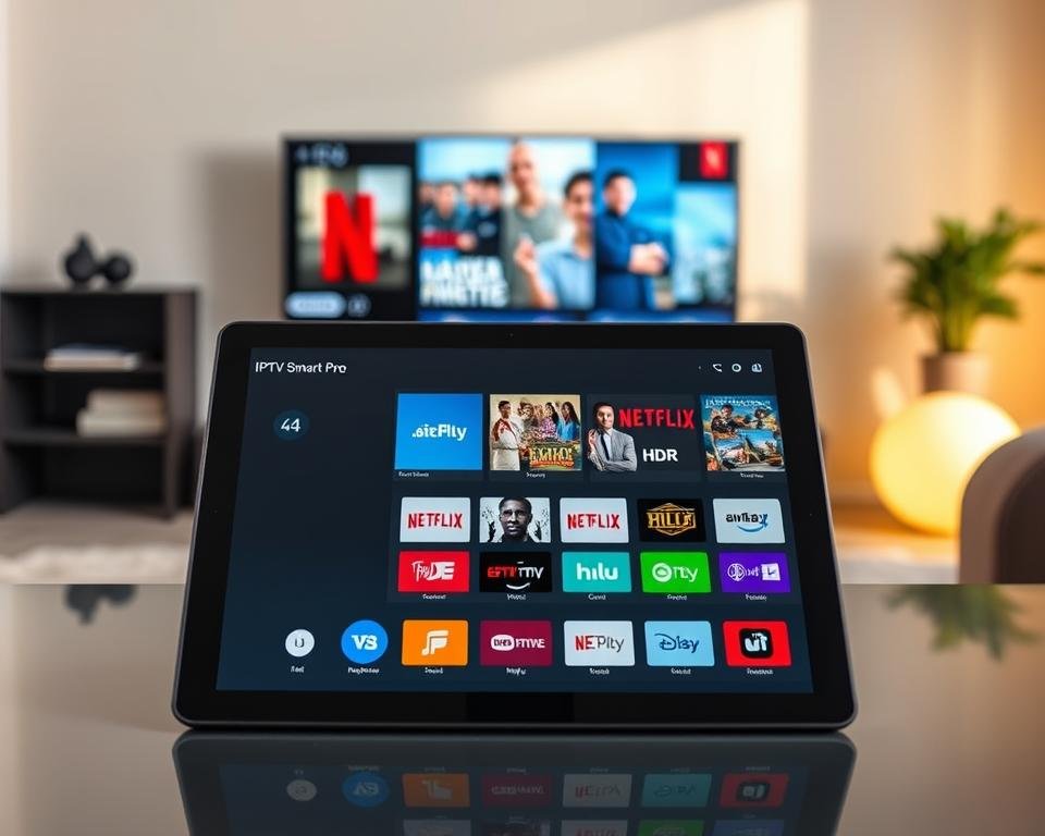A visually engaging comparison of IPTV streaming applications, featuring a sleek interface of IPTV Smart Pro prominently in the foreground on a modern tablet. In the middle ground, include icons or screenshots of competitor applications like Netflix and Hulu, arranged in a dynamic and organized layout. The background showcases a stylish living room with a large television displaying vibrant HDR content, enhancing the feeling of a high-tech entertainment setup. Soft, ambient lighting creates a cozy yet modern atmosphere, with a slight focus on reflections from the glass of the tablet screen. The overall mood is professional and inviting, emphasizing innovation and quality in IPTV services.