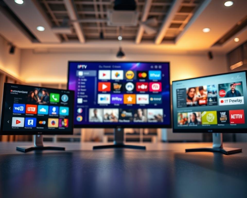 A visually engaging comparison of streaming applications, featuring three distinct digital screens displaying popular IPTV platforms and their interfaces. In the foreground, crisp and colorful icons of each app stand out against a sleek, modern background. In the middle, a desktop monitor is shown, vividly showcasing user-friendly features and content choices, surrounded by subtle hints of other competitive apps in less prominent colors. The background consists of a soft-focus, tech-inspired workspace with ambient lighting, conveying a dynamic yet focused atmosphere. A low camera angle highlights the monitors, creating a sense of depth and drawing attention to the quality of the streaming services depicted. The mood is professional and innovative, suitable for a tech-savvy audience interested in IPTV solutions.