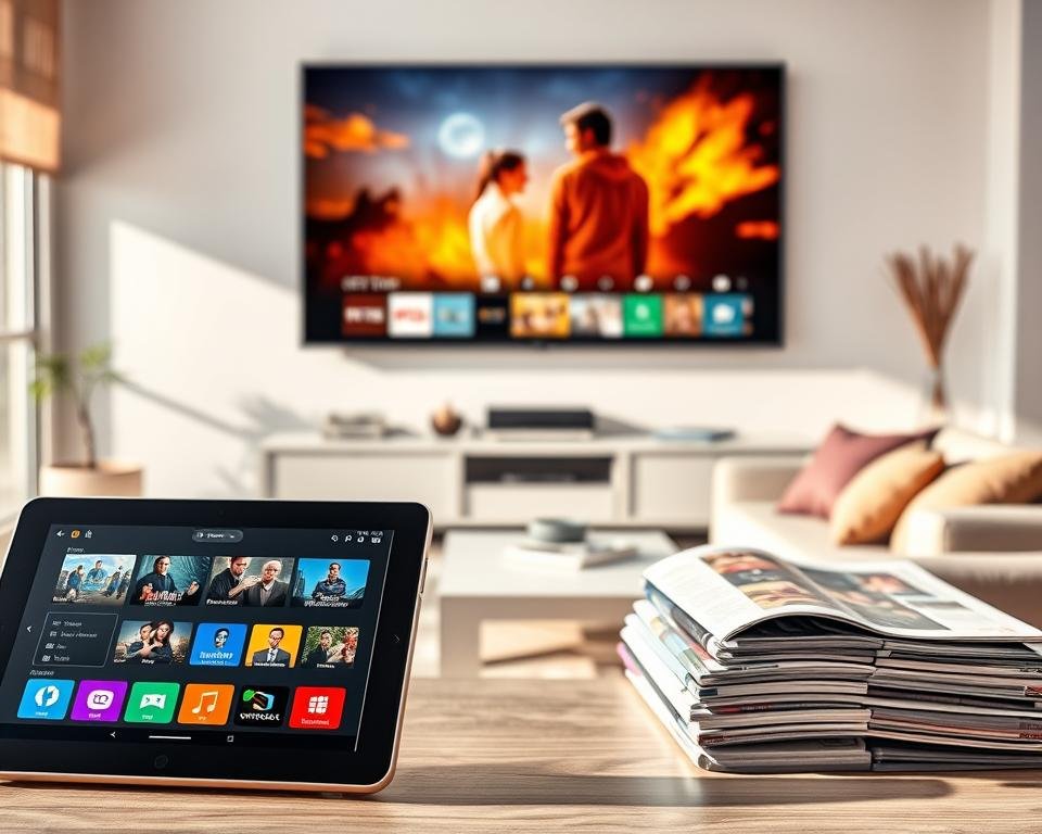 A visually engaging composition showcasing IPTV subscription offers. In the foreground, an attractive digital tablet displays a colorful range of streaming icons, emphasizing different genres of television content. The middle layer features a sleek, modern living room setup with a stylish couch and a coffee table stacked with magazines about technology and television. In the background, a large, wall-mounted flat-screen TV shows a vibrant scene from a popular series, radiating warmth and inviting viewers. The lighting is bright and airy, simulating a sunny afternoon, with soft shadows to add depth. The overall mood should convey excitement and innovation, emphasizing the convenience and variety of IPTV services, while maintaining a professional tone throughout.