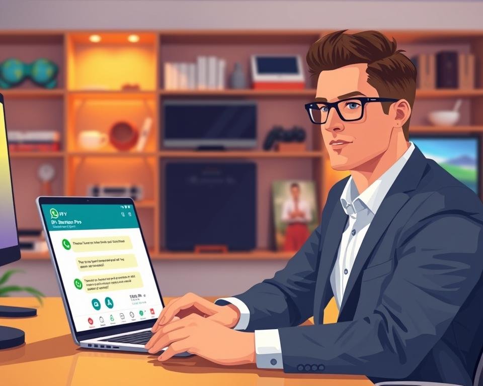 A visually engaging illustration depicting the process of purchasing an IPTV Smarters Pro subscription. In the foreground, feature a professional-looking individual in business attire, seated at a modern desk with a laptop open, showing a subscription website interface. The middle ground includes a smartphone displaying a WhatsApp chat conversation with a customer service representative, symbolizing communication for assistance. In the background, soft-focus shelves with tech-related items suggest a digital lifestyle. The lighting is bright and inviting, casting a warm glow over the scene, accentuating a sense of professionalism and ease. Use a composition that showcases depth, and convey a mood of assurance and customer satisfaction in the purchasing experience.